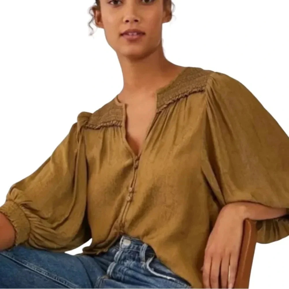 by Anthropologie Cacee Jacquard Reptile Print V Neck Button Down Blouse